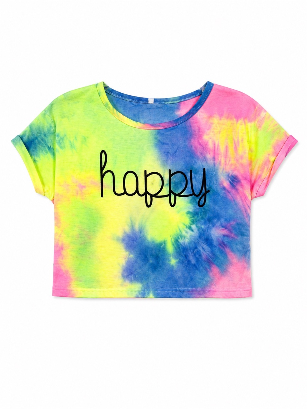 SHEIN Happy Tie Dye Crop Top Size S Neon Rainbow Short Sleeve Graphic Tee